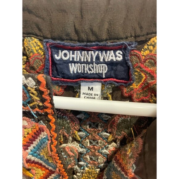 Johnny Was Embroidery Tunic Top Dress M Boho Olive Green Bell Sleeve Floral Silk - Picture 9 of 13